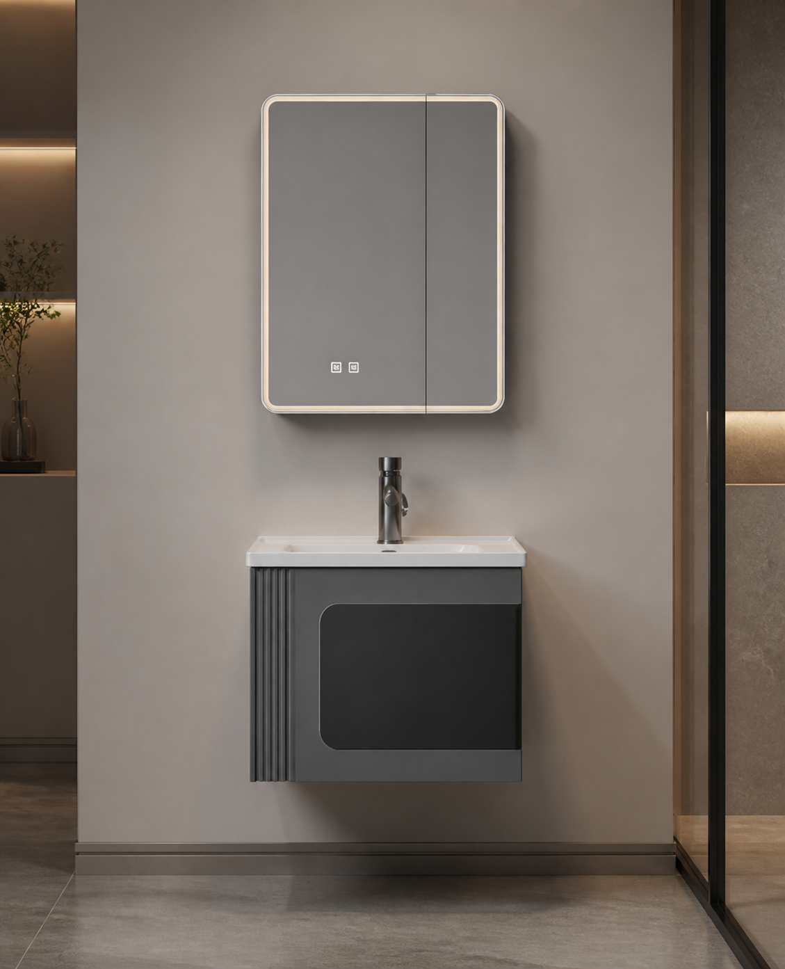 Graphite Edge Wall-Mounted Vanity Set with Touch-Sensor Defogging LED Mirror