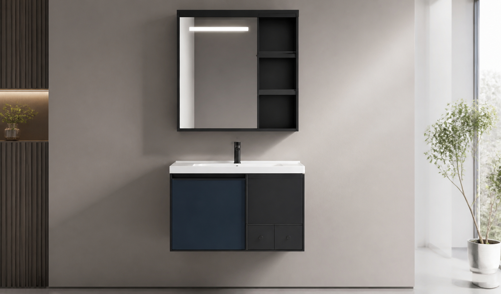 Midnight Grid Wall-Mounted Vanity Set with Motion-Sensor LED Mirror