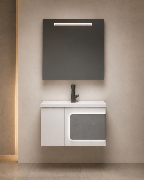 Ivory Curve Wall-Mounted Vanity Set with Motion-Sensor LED Mirror image 1